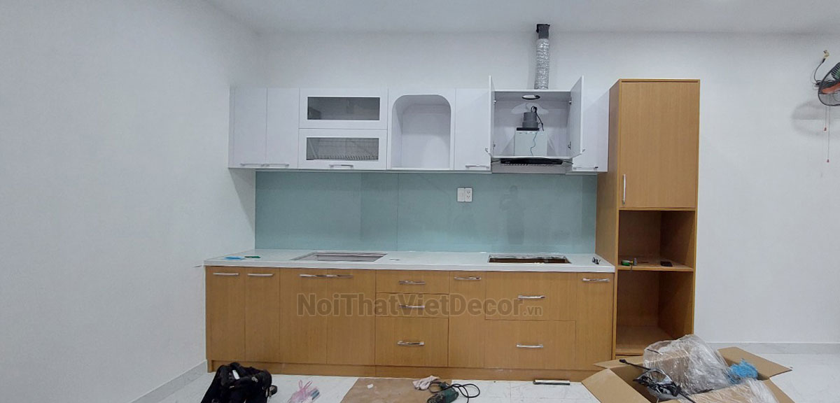 Noithatvietdecor Tủ bếp hiện đại chữ L, gỗ công nghiệp MDF chống ẩm phủ melamine An Cường