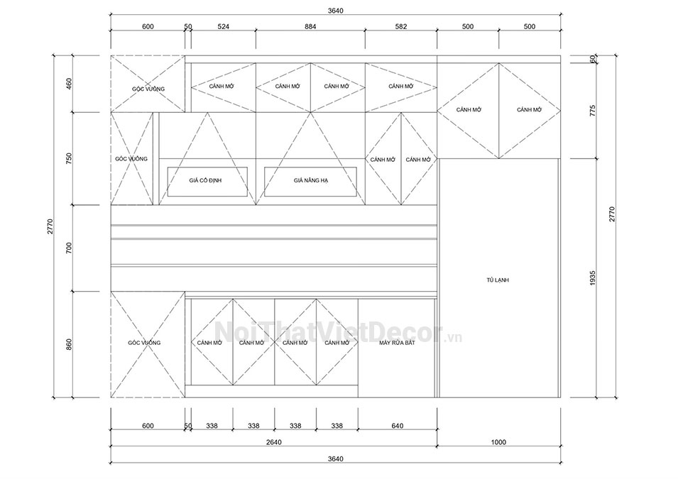 Noithatvietdecor Tủ bếp hiện đại chữ L có đảo, khung inox 304 sơn tĩnh điện, cánh kính viền nhôm