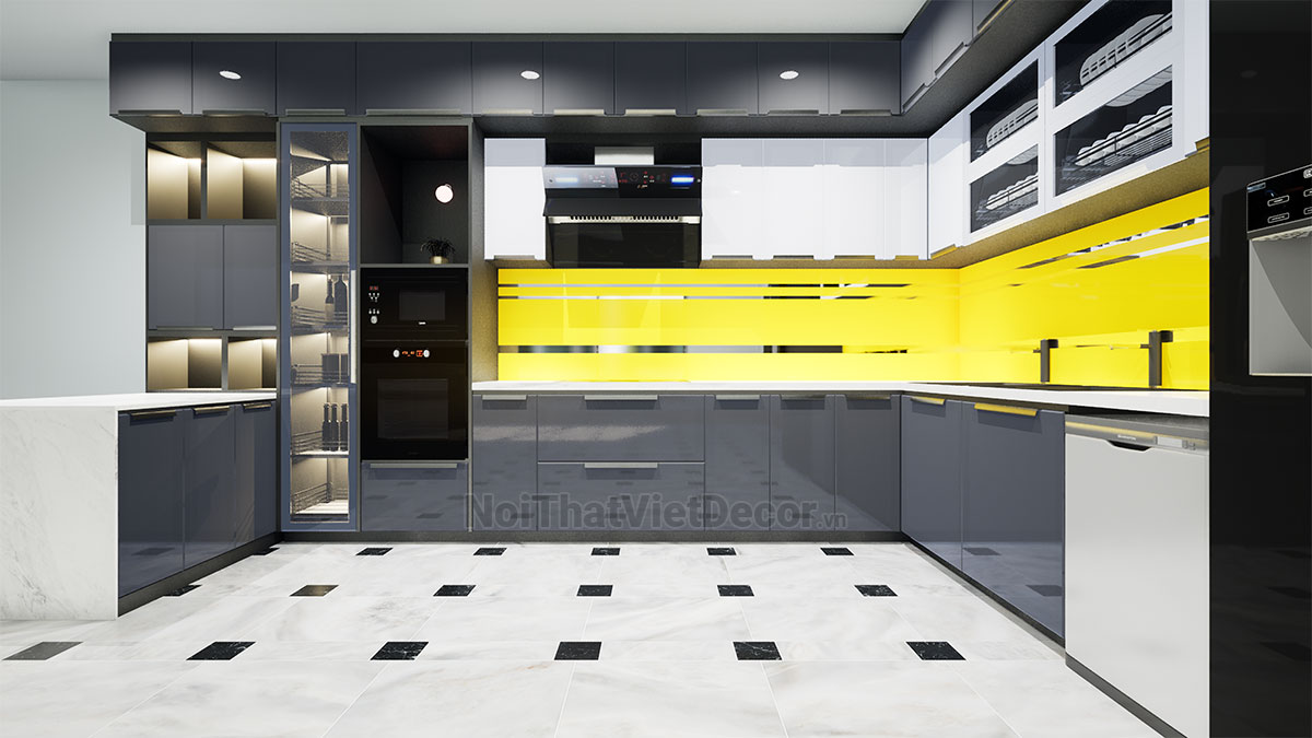 Noithatvietdecor Tủ bếp hiện đại chữ L có đảo, khung inox 304 sơn tĩnh điện, cánh kính viền nhôm
