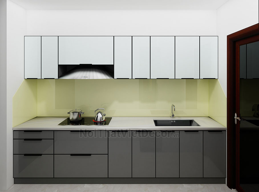 Tủ bếp hiện đại chữ I, khung inox 304 sơn tĩnh điện, cánh kính sơn màu viền nhôm, mặt bếp đá nhân tạo mable vân mây, ốp tường kính cường lực 8li - Phối cánh thiết kế 3D