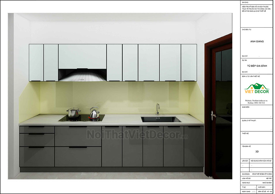 Tủ bếp hiện đại chữ I, khung inox 304 sơn tĩnh điện, cánh kính sơn màu viền nhôm, mặt bếp đá nhân tạo mable vân mây, ốp tường kính cường lực 8li - Bản vẽ thiết kế chi tiết thi công