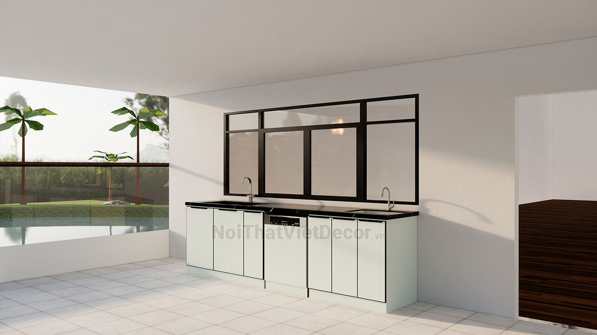 Tủ bếp hiện đại chữ I, khung inox 304 sơn tĩnh điện, cánh kính sơn màu viền nhôm, mặt bếp đá nhân tạo cao cấp Vicostone BQ8740 - Phương án thiết kế phối cảnh 3D