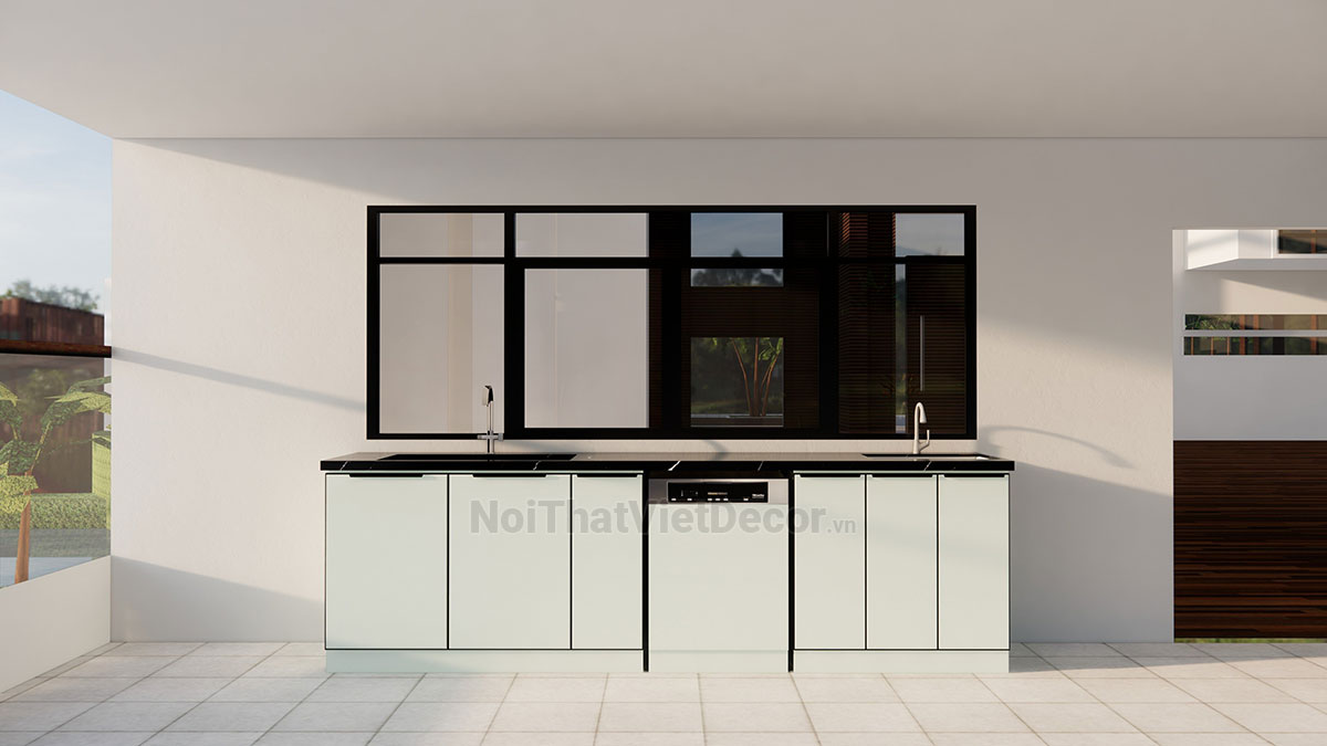 Tủ bếp hiện đại chữ I, khung inox 304 sơn tĩnh điện, cánh kính sơn màu viền nhôm, mặt bếp đá nhân tạo cao cấp Vicostone BQ8740 - Phương án thiết kế phối cảnh 3D