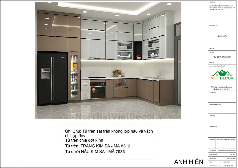 Noithatvietdecor Tủ bếp hiện đại chữ L, khung inox 304 sơn tĩnh điện, cánh kính viền nhôm, mặt đá và ốp tường đá nhân tạo cao cấp Vicostone BQ1080