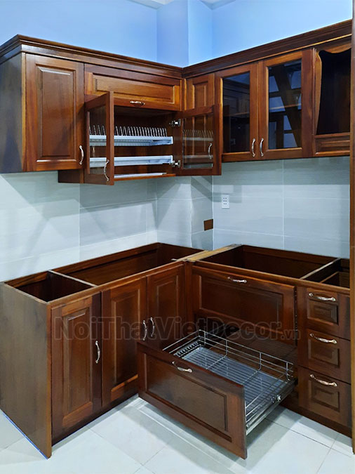 Noithatvietdecor Tủ bếp chữ L, gỗ tự nhiên xoan đào
