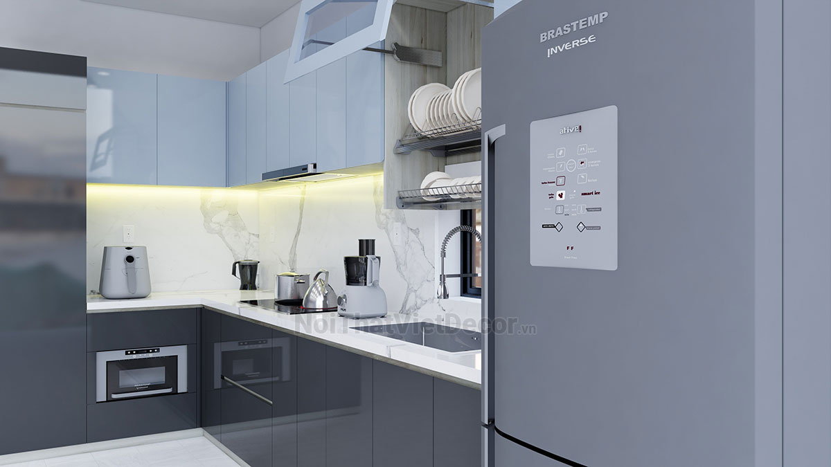 Tủ bếp hiện đại chữ L, gỗ công nghiệp An Cường, khung MDF chống ẩm phủ melamine, cánh MDF chống ẩm phủ acrylic, mặt bếp đá tự nhiên kim sa đen, ốp tường đá marble trắng vân mây - Phương án thiết kế phối cảnh 3D