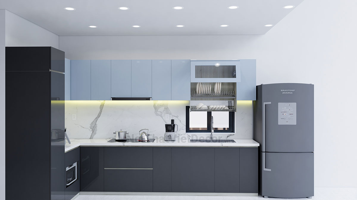 Tủ bếp hiện đại chữ L, gỗ công nghiệp An Cường, khung MDF chống ẩm phủ melamine, cánh MDF chống ẩm phủ acrylic, mặt bếp đá tự nhiên kim sa đen, ốp tường đá marble trắng vân mây - Phương án thiết kế phối cảnh 3D