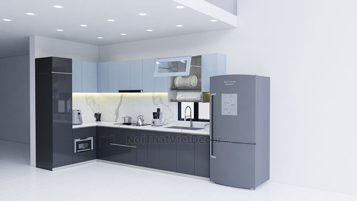 Tủ bếp hiện đại chữ L, gỗ công nghiệp An Cường, khung MDF chống ẩm phủ melamine, cánh MDF chống ẩm phủ acrylic, mặt bếp đá tự nhiên kim sa đen, ốp tường đá marble trắng vân mây - Phương án thiết kế phối cảnh 3D