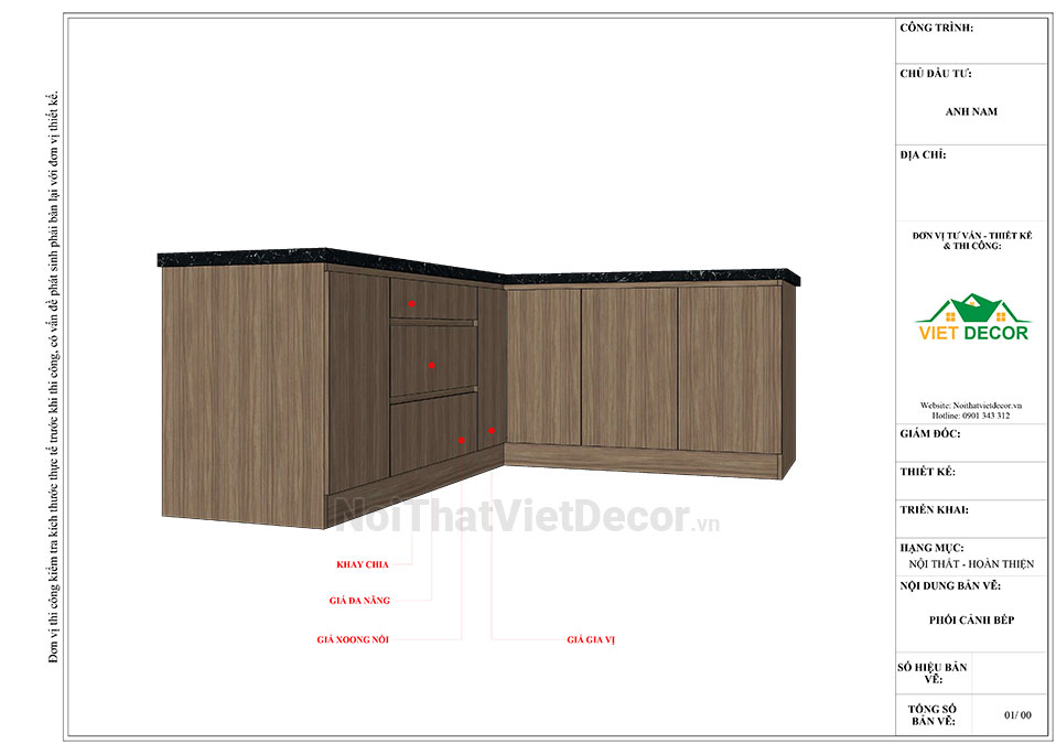 Tủ bếp hiện đại chữ L có vách che, gỗ công nghiệp nhựa WPB An Cường phủ laminate, mặt đá tự nhiên kim sa đen, ốp tường kính cường lực 8mm sơn màu - Bản vẽ thiết kế chi tiết thi công