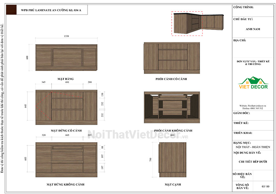 Tủ bếp hiện đại chữ L có vách che, gỗ công nghiệp nhựa WPB An Cường phủ laminate, mặt đá tự nhiên kim sa đen, ốp tường kính cường lực 8mm sơn màu - Bản vẽ thiết kế chi tiết thi công