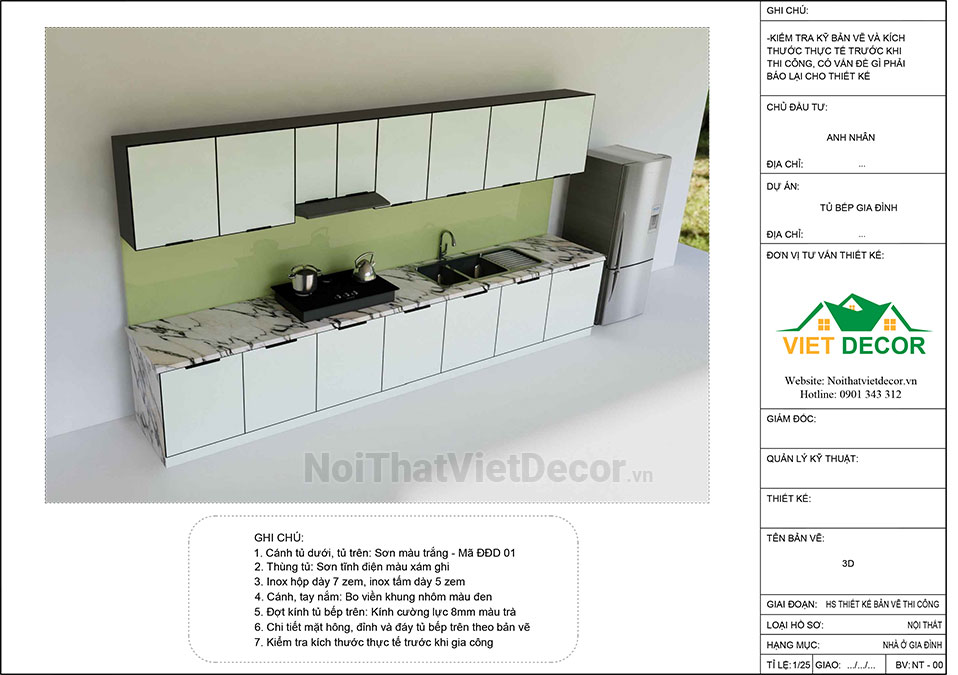 Tủ bếp hiện đại chữ I, khung inox 304 sơn tĩnh điện, cánh kính sơn màu viền nhôm, ốp tường kính cường lực 8mm, cải tạo tủ bếp xây gạch - Bản vẽ thiết kế chi tiết thi công 2D