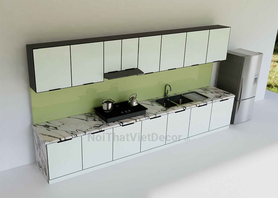 Tủ bếp hiện đại chữ I, khung inox 304 sơn tĩnh điện, cánh kính sơn màu viền nhôm, ốp tường kính cường lực 8mm, cải tạo tủ bếp xây gạch - Phương án thiết kế phối cảnh 3D