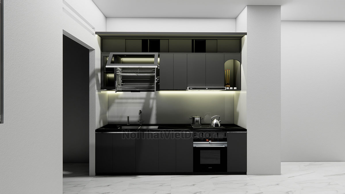 Tủ bếp hiện đại chữ I, gỗ công nghiệp MDF chống ẩm phủ melamine Thanh Thùy, mặt đá tự nhiên kim sa đen, ốp tường kính cường lực 8mm sơn màu - Phương án thiết kế phối cảnh 3D