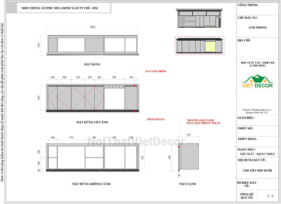 Tủ bếp hiện đại chữ I, gỗ công nghiệp MDF chống ẩm phủ melamine Thanh Thùy, mặt đá tự nhiên kim sa đen, ốp tường kính cường lực 8mm sơn màu - Bản vẽ thiết kế chi tiết thi công