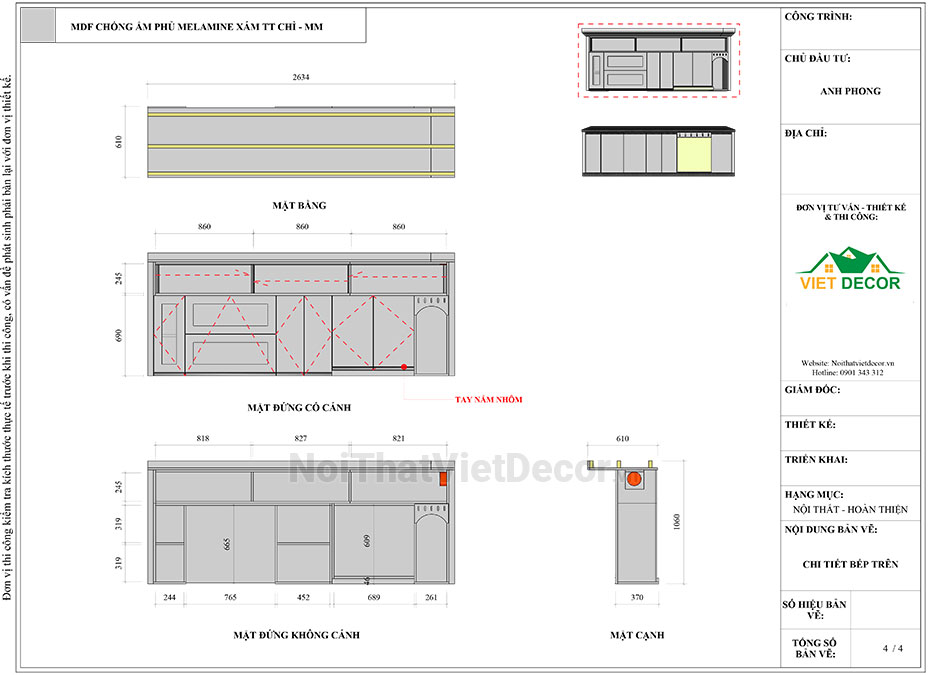 Tủ bếp hiện đại chữ I, gỗ công nghiệp MDF chống ẩm phủ melamine Thanh Thùy, mặt đá tự nhiên kim sa đen, ốp tường kính cường lực 8mm sơn màu - Bản vẽ thiết kế chi tiết thi công