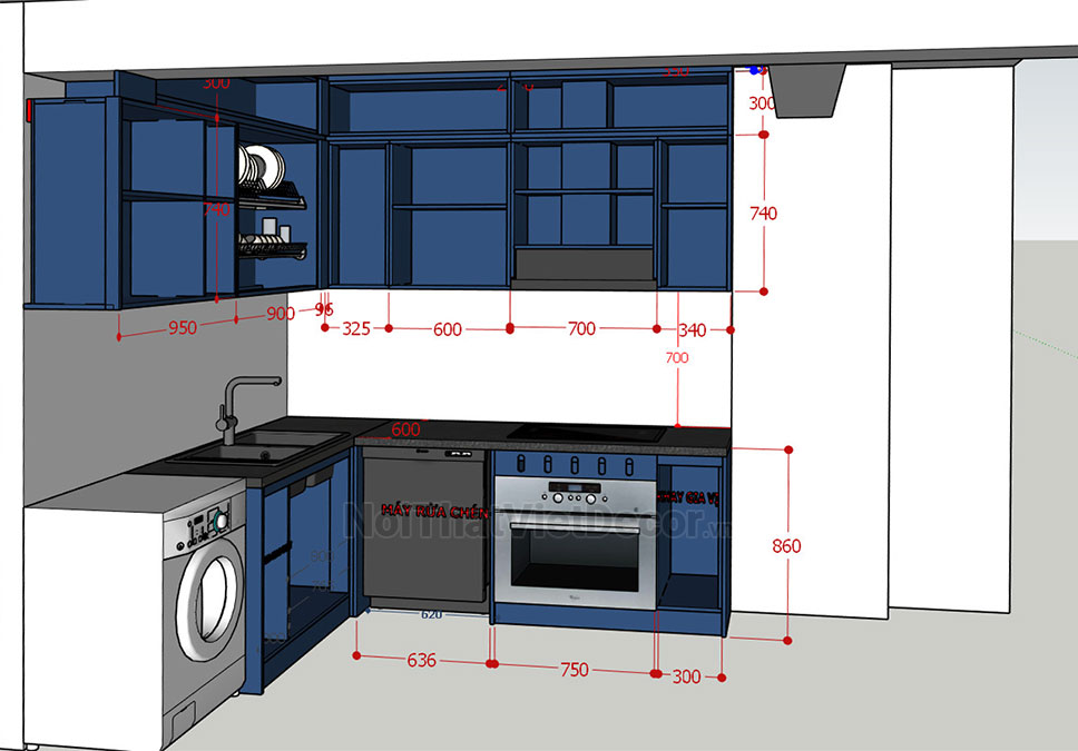 Tủ bếp hiện đại chữ L, MDF chống ẩm phủ melamine Thanh Thùy, mặt đá tự nhiên kim sa đen, ốp tường kính cường lực 8mm sơn màu - Thiết kế chi tiết thi công