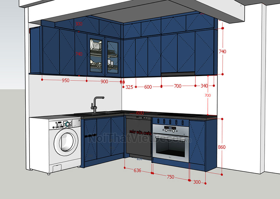 Tủ bếp hiện đại chữ L, MDF chống ẩm phủ melamine Thanh Thùy, mặt đá tự nhiên kim sa đen, ốp tường kính cường lực 8mm sơn màu - Thiết kế chi tiết thi công