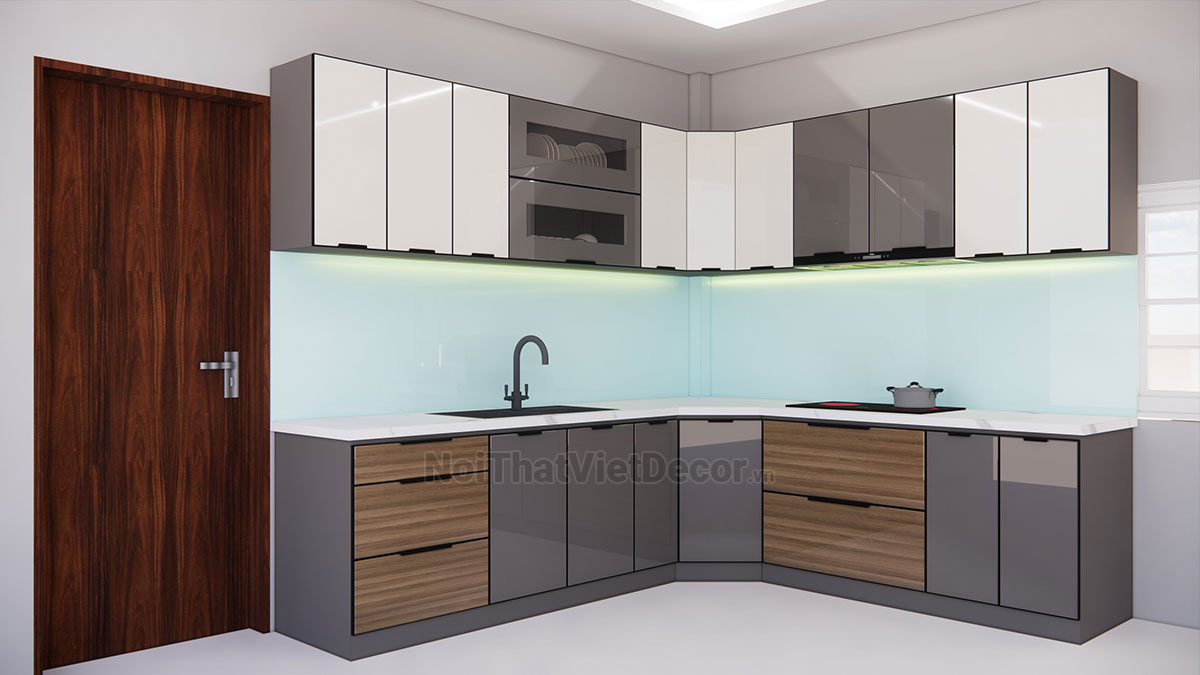 Tủ bếp hiện đại chữ L, khung inox 304 sơn tĩnh điện, cánh kính sơn màu viền nhôm, mặt đá nhân tạo cao cấp Vicostone BQ100, ốp tường kính cường lực 8mmsơn màu chỉ gương - Hình phối cảnh 3D