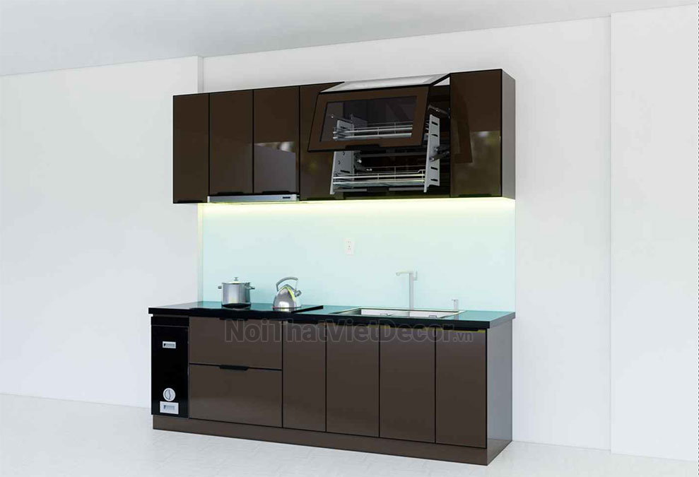 Tủ bếp hiện đại chữ I, khung inox 304 sơn tĩnh điện, cánh kính sơn màu viền nhôm, mặt bếp đá tự nhiên kim sa đen, ốp tường kính cường lực 8mm - Phương án thiết kế phối cảnh 3D