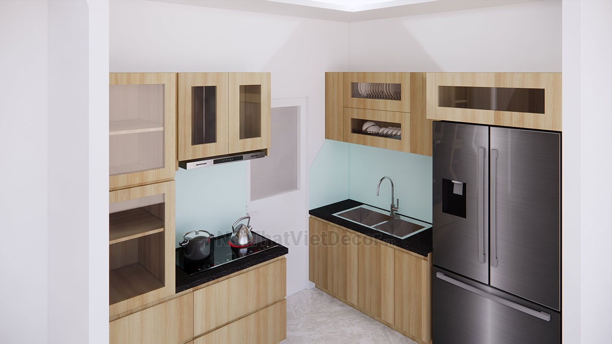 Tủ bếp hiện đại chữ I có đảo, gỗ công nghiệp MDF chống ẩm phủ melamine Thanh Thùy, mặt đá tự nhiên kim sa đen, ốp tường kính cường lực 8mm sơn màu - Hình thiết kế