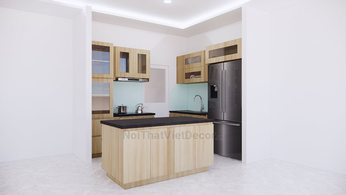 Tủ bếp hiện đại chữ I có đảo, gỗ công nghiệp MDF chống ẩm phủ melamine Thanh Thùy, mặt đá tự nhiên kim sa đen, ốp tường kính cường lực 8mm sơn màu - Hình thiết kế