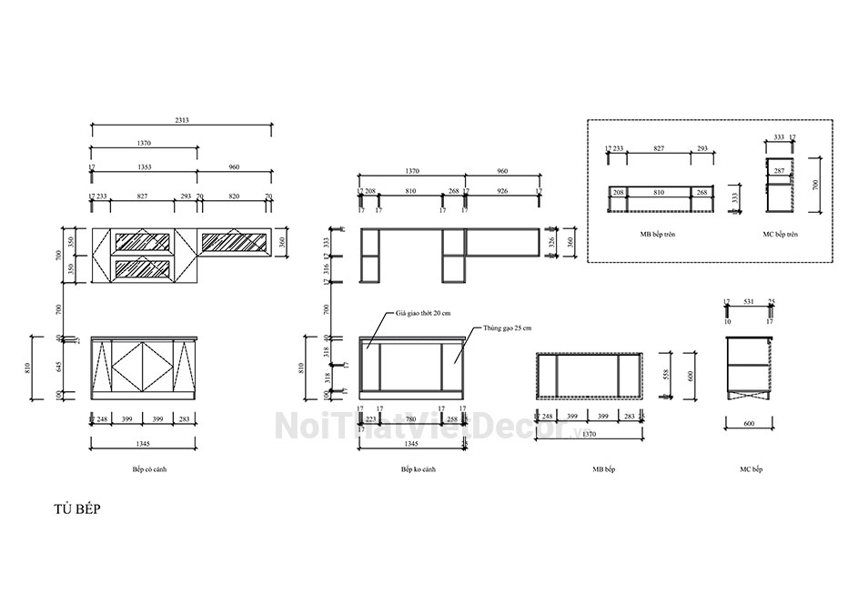Tủ bếp hiện đại chữ I có đảo, gỗ công nghiệp MDF chống ẩm phủ melamine Thanh Thùy, mặt đá tự nhiên kim sa đen, ốp tường kính cường lực 8mm sơn màu - Bản vẽ chi tiết thi công