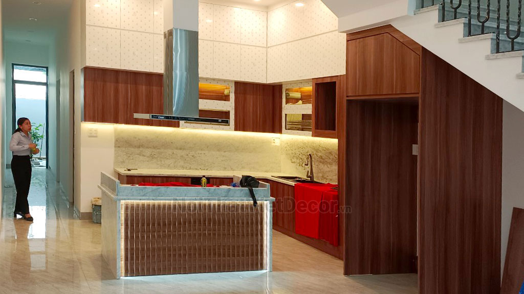 Noithatvietdecor Tủ bếp hiện đại chữ L, gỗ công nghiệp MDF chống ẩm phủ melamine An Cường