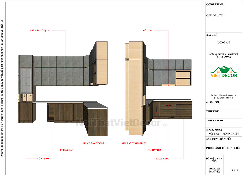 Tủ bếp hiện đại chữ L, tủ dưới nhựa phủ PVC, tủ trên mdf chống ẩm phủ melamine Thanh Thùy, mặt đá nhân tạo cao cấp Vicostone BQ1080, ốp tường kính cường lực 8mm sơn màu - Bản vẽ thiết kế chi tiết thi công