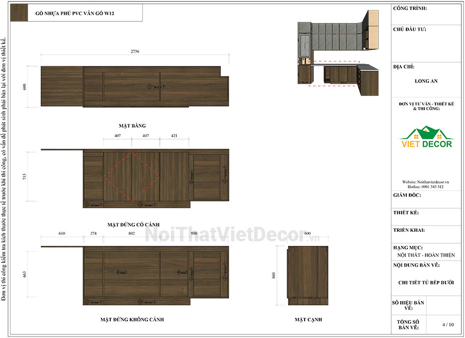 Tủ bếp hiện đại chữ L, tủ dưới nhựa phủ PVC, tủ trên mdf chống ẩm phủ melamine Thanh Thùy, mặt đá nhân tạo cao cấp Vicostone BQ1080, ốp tường kính cường lực 8mm sơn màu - Bản vẽ thiết kế chi tiết thi công