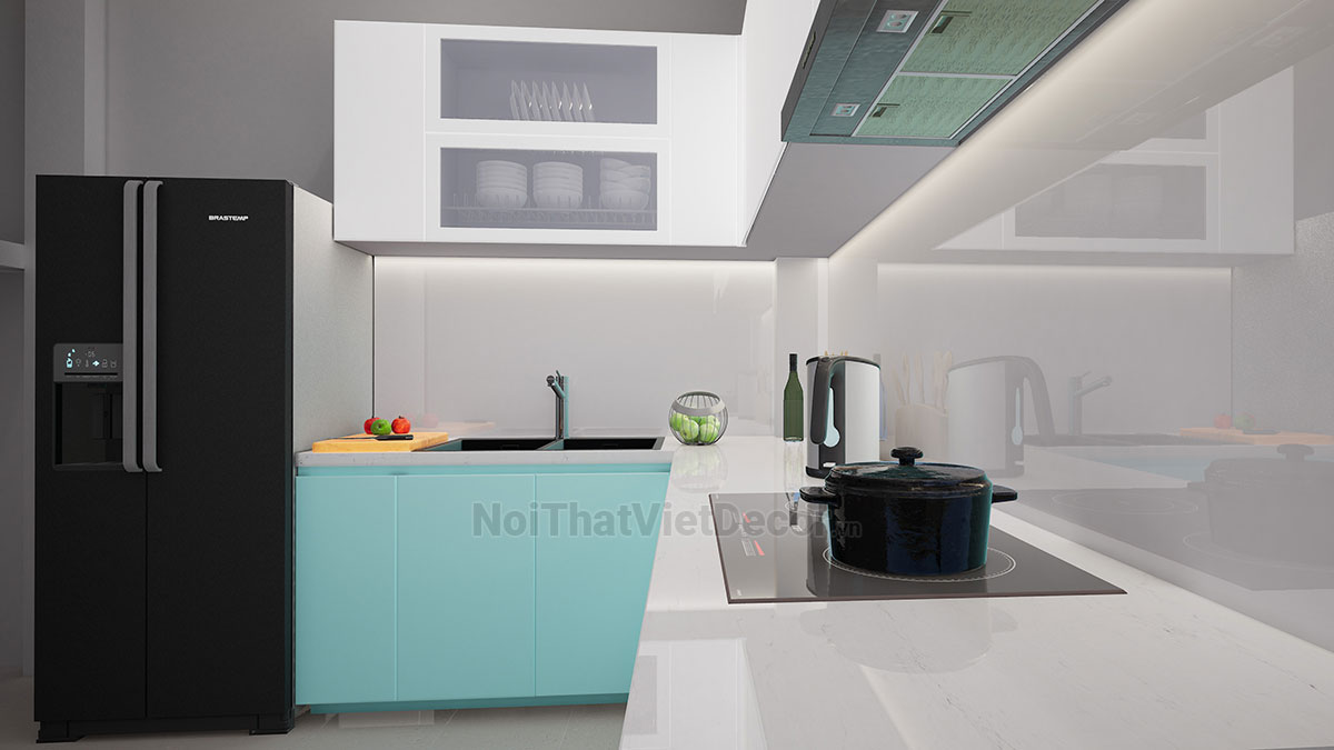 Noithatvietdecor Tủ bếp hiện đại chữ L, gỗ công nghiệp MDF chống ẩm phủ melamine Hồng Nghi