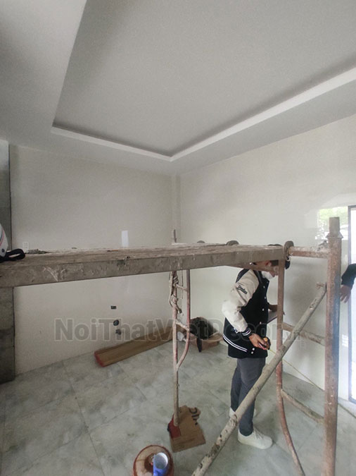 Noithatvietdecor Tủ bếp hiện đại chữ L, gỗ công nghiệp MDF chống ẩm phủ melamine Hồng Nghi
