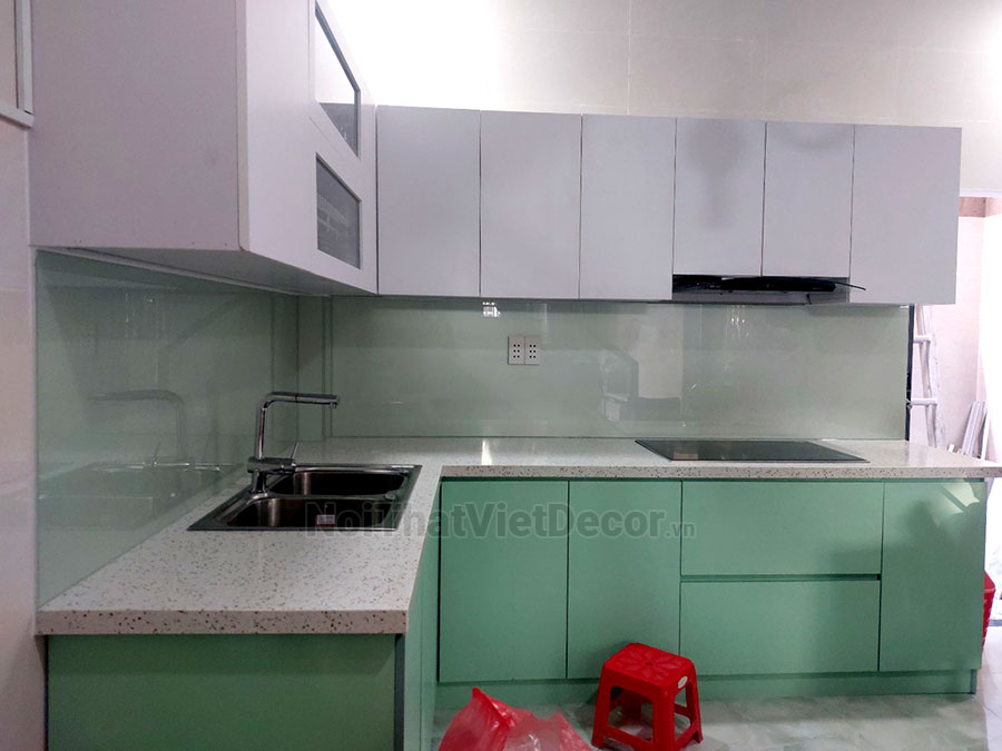 Noithatvietdecor Tủ bếp hiện đại chữ L, gỗ công nghiệp MDF chống ẩm phủ melamine Hồng Nghi