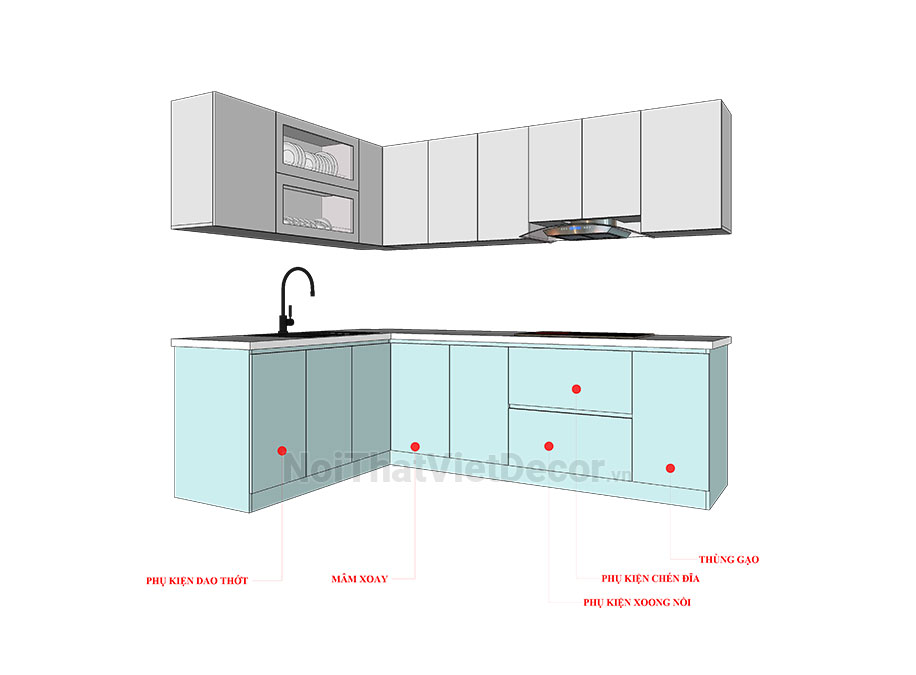 Noithatvietdecor Tủ bếp hiện đại chữ L, gỗ công nghiệp MDF chống ẩm phủ melamine Hồng Nghi