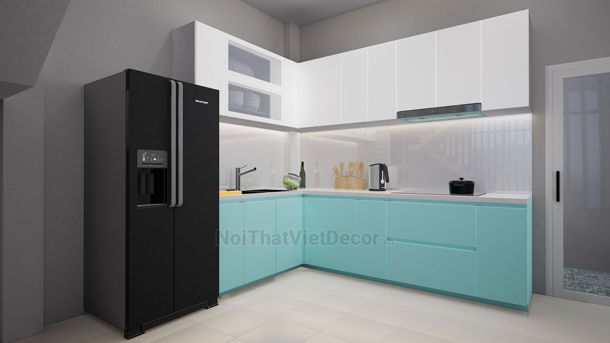 Noithatvietdecor Tủ bếp hiện đại chữ L, gỗ công nghiệp MDF chống ẩm phủ melamine Hồng Nghi