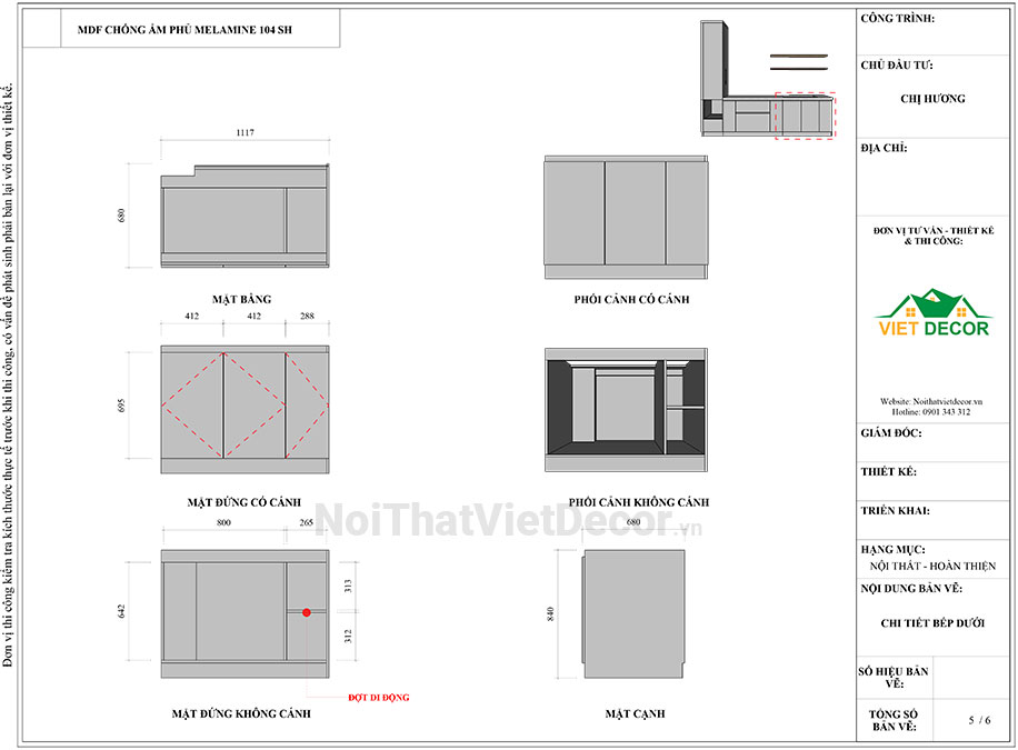 Tủ bếp hiện đại chữ I, gỗ công nghiệp An Cường MDF lõi xanh chống ẩm phủ melamine, mặt đá nhân tạo cao cấp solid surface S028 - Bản vẽ thiết kế chi tiết thi công