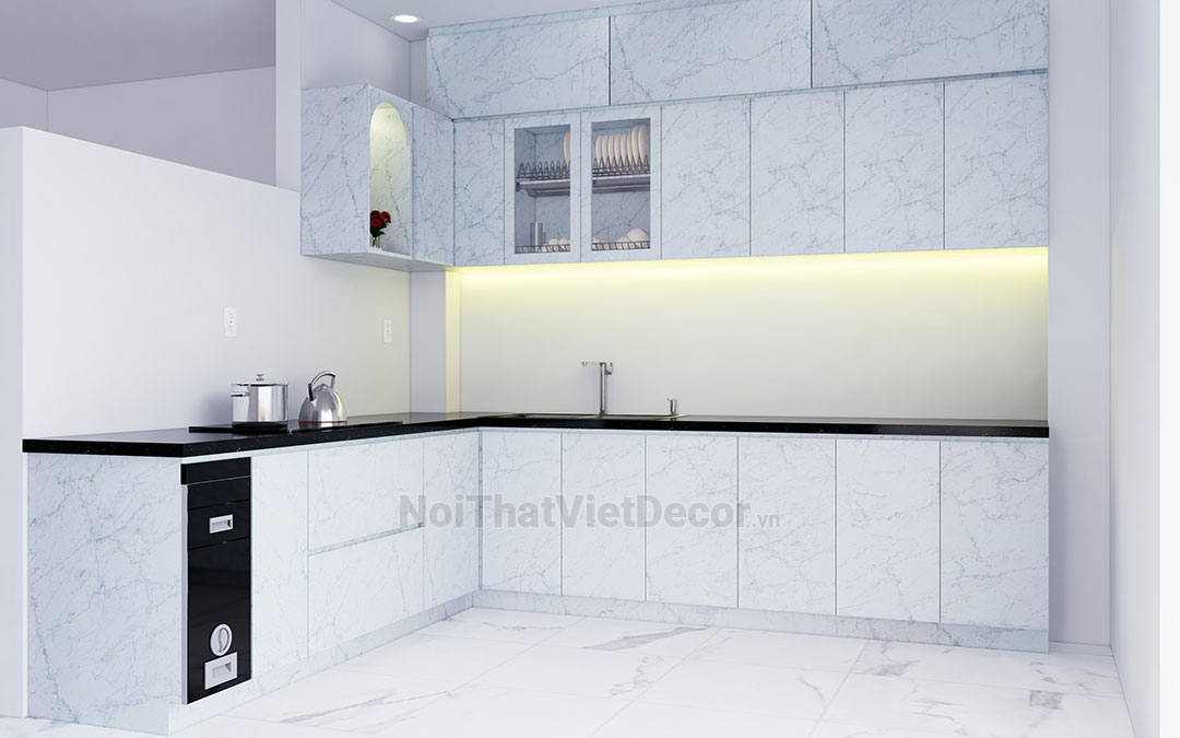 Tủ bếp hiện đại chữ L, gỗ công nghiệp MDF chống ẩm phủ melamine Hồng Nghi, mặt đá tự nhiên kim sa đen - Phương án thiết kế phối cảnh 3D