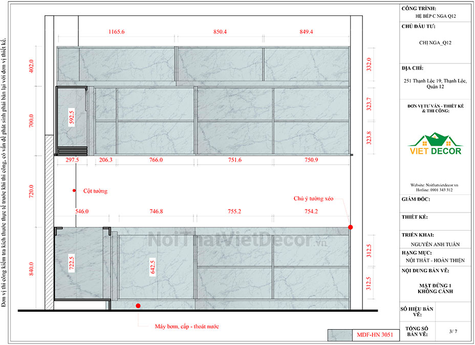 Tủ bếp hiện đại chữ L, gỗ công nghiệp MDF chống ẩm phủ melamine Hồng Nghi, mặt đá tự nhiên kim sa đen - Bản vẽ thiết kế chi tiết thi công