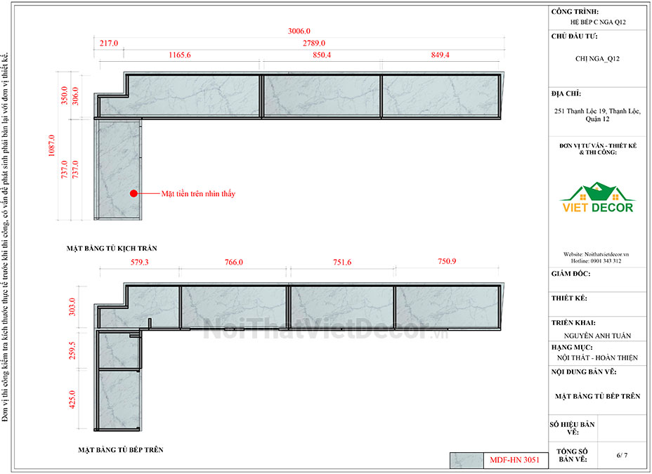 Tủ bếp hiện đại chữ L, gỗ công nghiệp MDF chống ẩm phủ melamine Hồng Nghi, mặt đá tự nhiên kim sa đen - Bản vẽ thiết kế chi tiết thi công