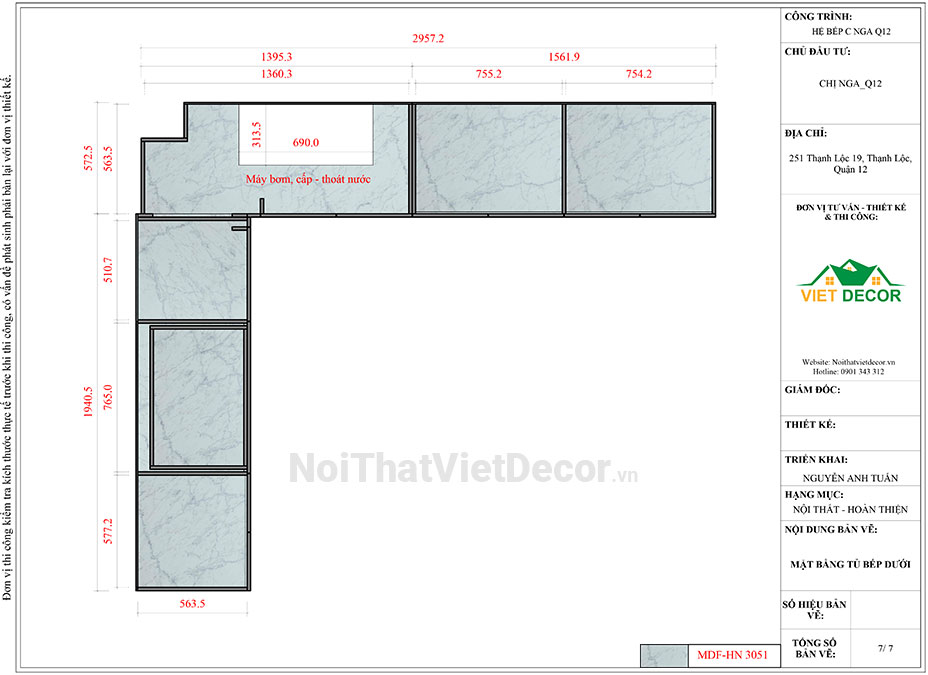 Tủ bếp hiện đại chữ L, gỗ công nghiệp MDF chống ẩm phủ melamine Hồng Nghi, mặt đá tự nhiên kim sa đen - Bản vẽ thiết kế chi tiết thi công