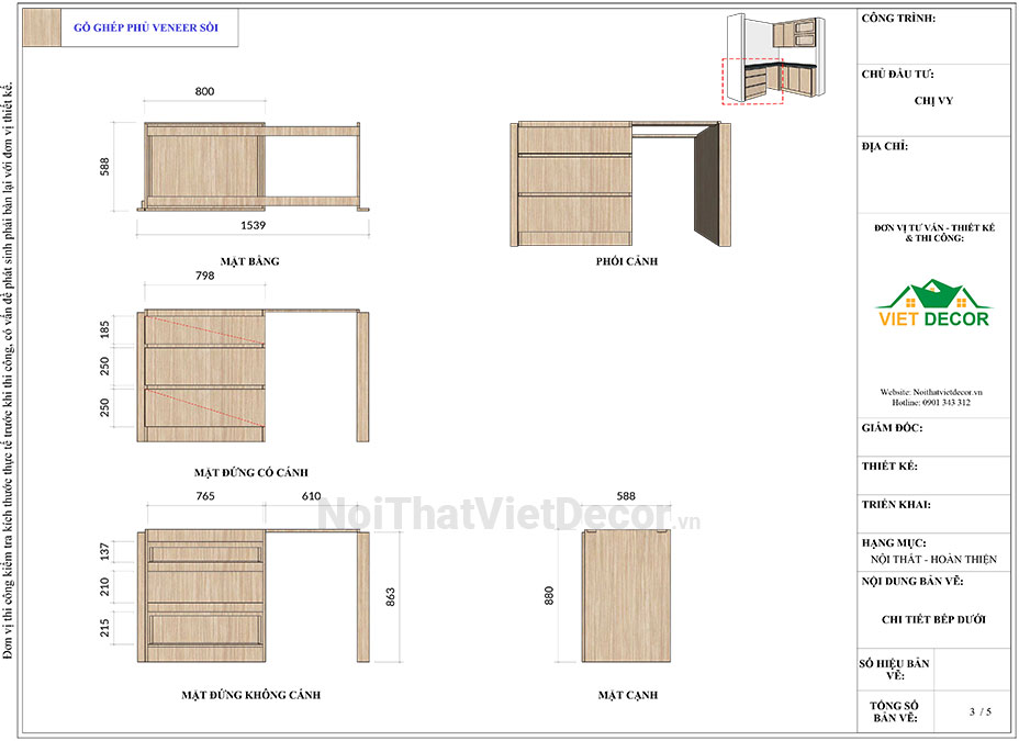 Noithatvietdecor Tủ bếp hiện đại chữ L, gỗ công nghiệp gỗ ghép phủ veneer vân sồi