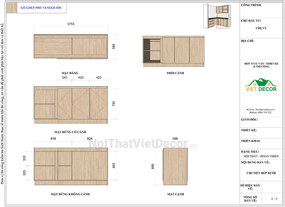 Noithatvietdecor Tủ bếp hiện đại chữ L, gỗ công nghiệp gỗ ghép phủ veneer vân sồi