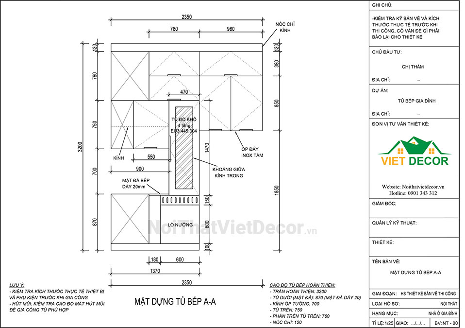 Tủ bếp hiện đại chữ L, khung inox 304 sơn tĩnh điện, cánh kính sơn màu viền nhôm, mặt đá trắng marble vân mây, ốp tường kính cường lực 8mm sơn màu - Bản vẽ thiết kế chi tiết thi công