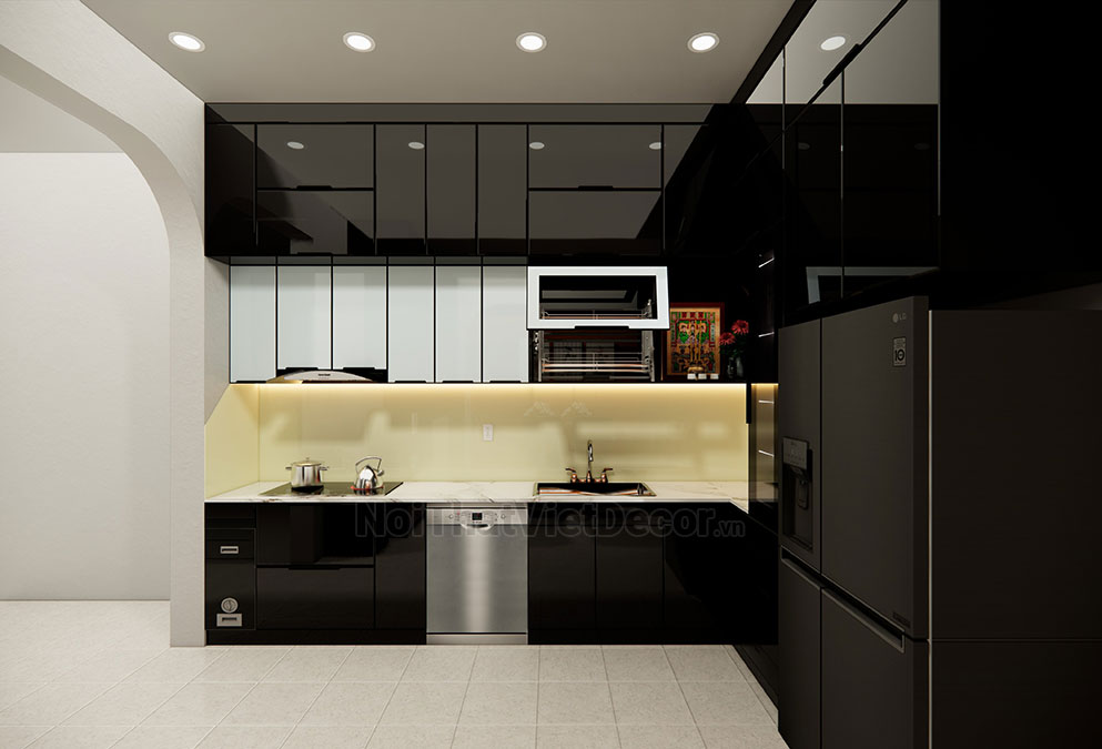 Tủ bếp hiện đại chữ L, khung inox 304 sơn tĩnh điện, cánh kính sơn màu viền nhôm, mặt đá trắng marble vân mây, ốp tường kính cường lực 8mm sơn màu - Phương án thiết kế phối cảnh 3D