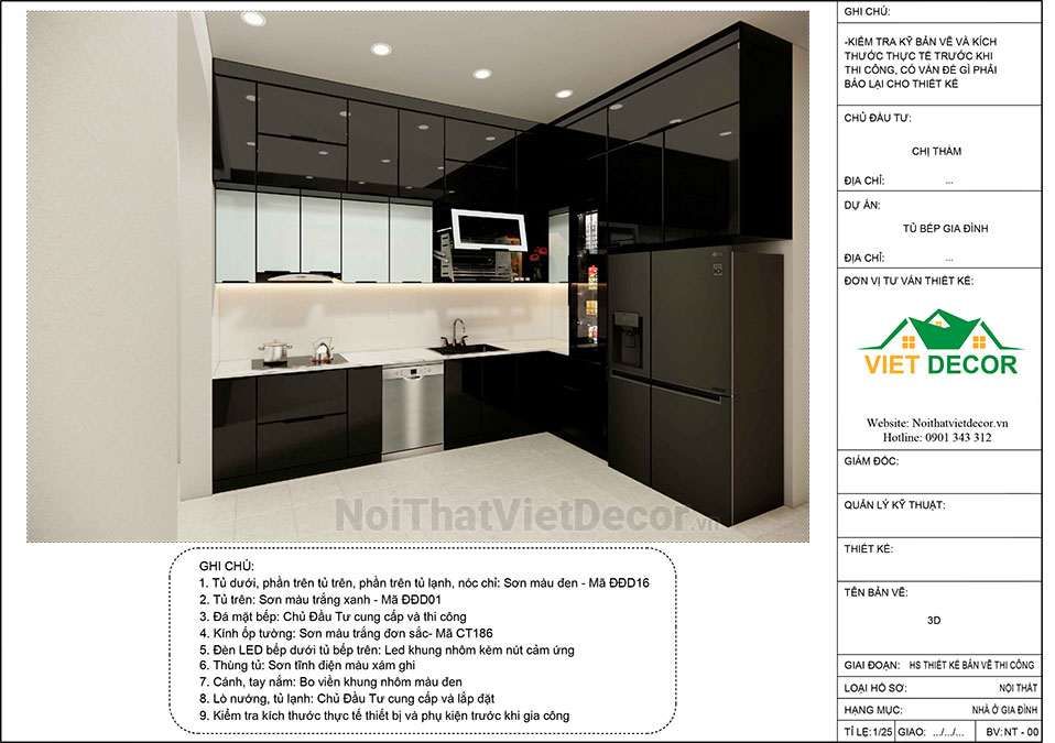 Tủ bếp hiện đại chữ L, khung inox 304 sơn tĩnh điện, cánh kính sơn màu viền nhôm, mặt đá trắng marble vân mây, ốp tường kính cường lực 8mm sơn màu - Bản vẽ thiết kế chi tiết thi công