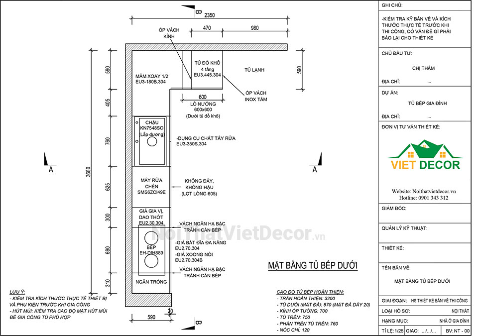 Tủ bếp hiện đại chữ L, khung inox 304 sơn tĩnh điện, cánh kính sơn màu viền nhôm, mặt đá trắng marble vân mây, ốp tường kính cường lực 8mm sơn màu - Bản vẽ thiết kế chi tiết thi công