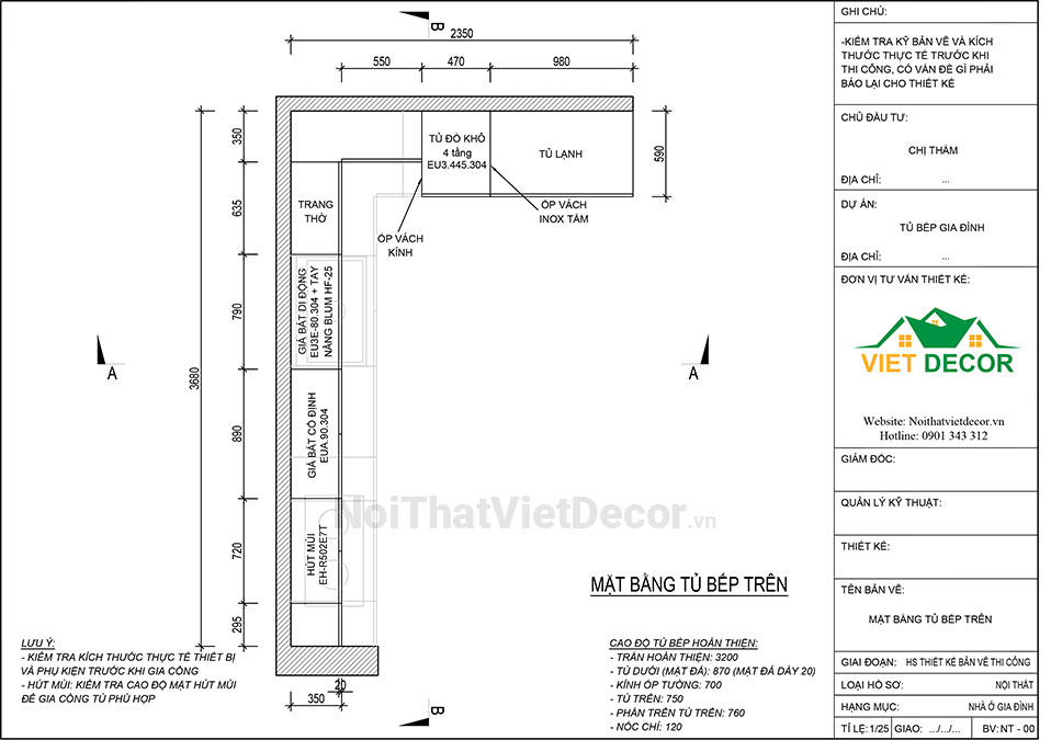 Tủ bếp hiện đại chữ L, khung inox 304 sơn tĩnh điện, cánh kính sơn màu viền nhôm, mặt đá trắng marble vân mây, ốp tường kính cường lực 8mm sơn màu - Bản vẽ thiết kế chi tiết thi công