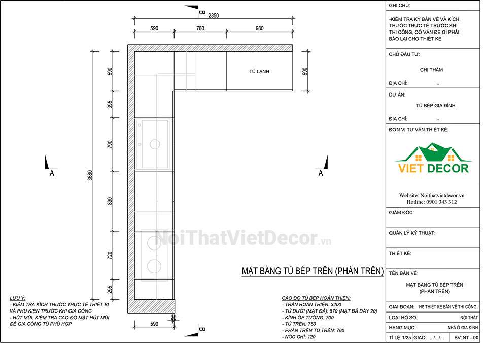 Tủ bếp hiện đại chữ L, khung inox 304 sơn tĩnh điện, cánh kính sơn màu viền nhôm, mặt đá trắng marble vân mây, ốp tường kính cường lực 8mm sơn màu - Bản vẽ thiết kế chi tiết thi công