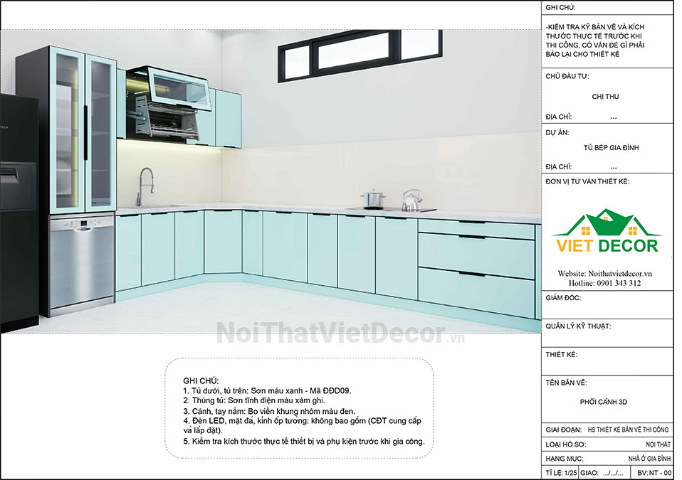 Tủ bếp hiện đại chữ L, khung inox 304 sơn tĩnh điện, cánh kính sơn màu viền nhôm, mặt bếp và ốp tường đá marble trắng vân mây - Bản vẽ thiết kế chi tiết thi công 2D