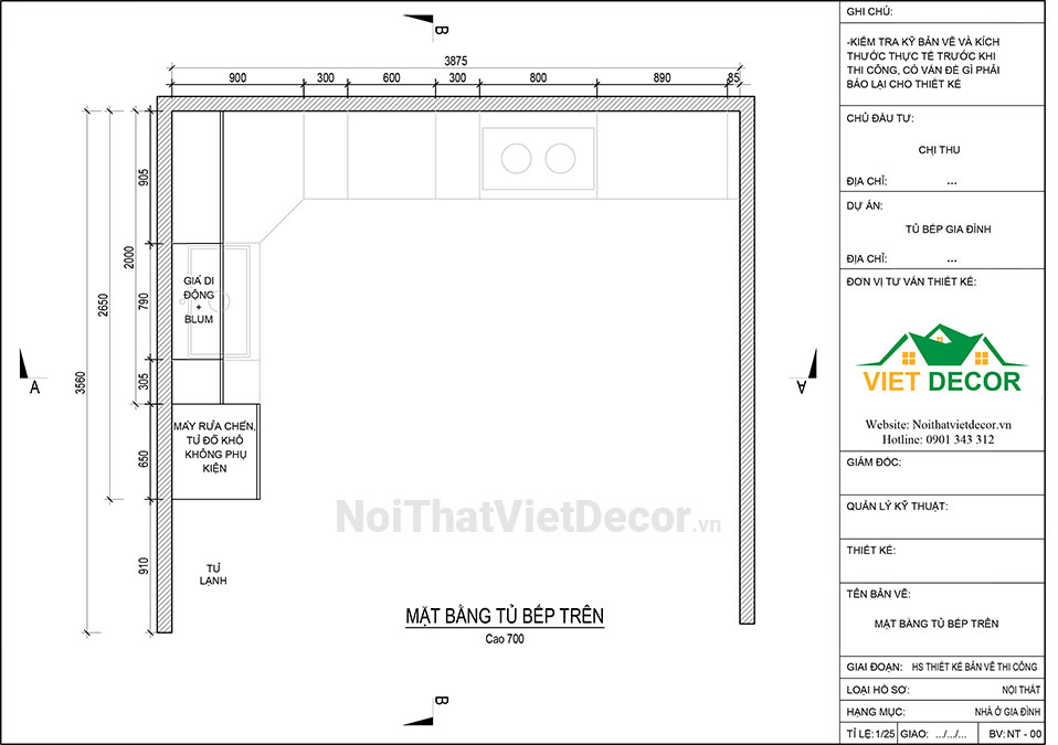 Tủ bếp hiện đại chữ L, khung inox 304 sơn tĩnh điện, cánh kính sơn màu viền nhôm, mặt bếp và ốp tường đá marble trắng vân mây - Bản vẽ thiết kế chi tiết thi công 2D