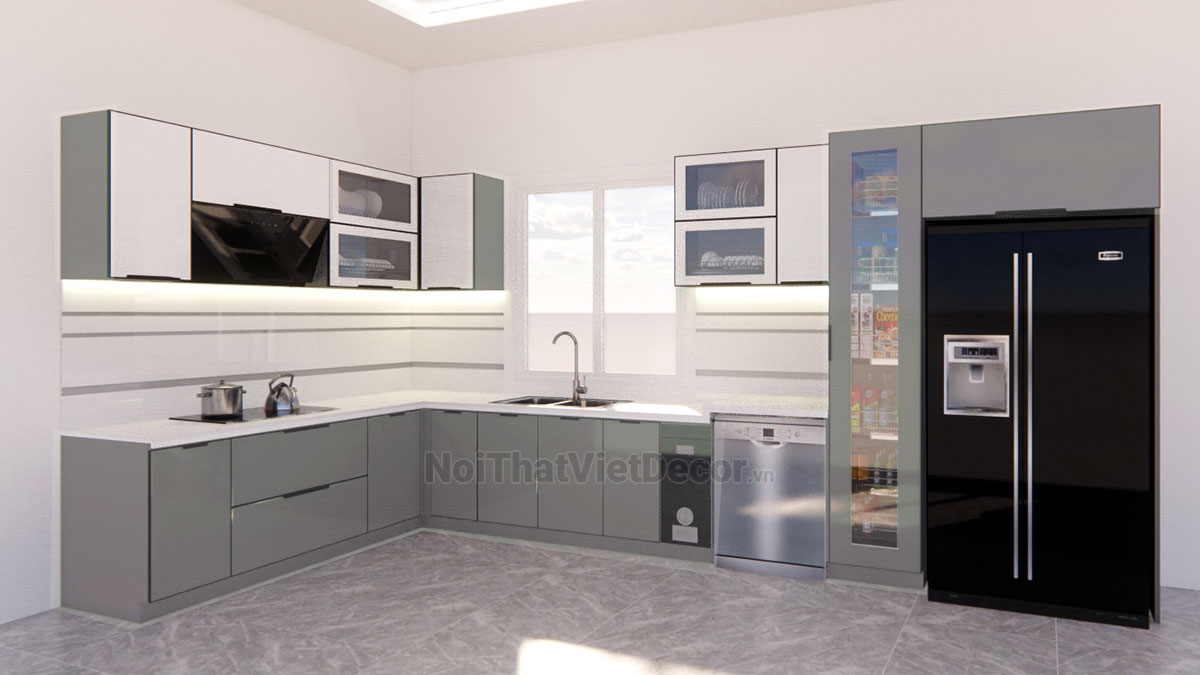 Noithatvietdecor Tủ bếp hiện đại chữ L, khung inox 304 sơn tĩnh điện, cánh kính viền nhôm, mặt đá nhân tạo cao cấp vicostone BQ8221